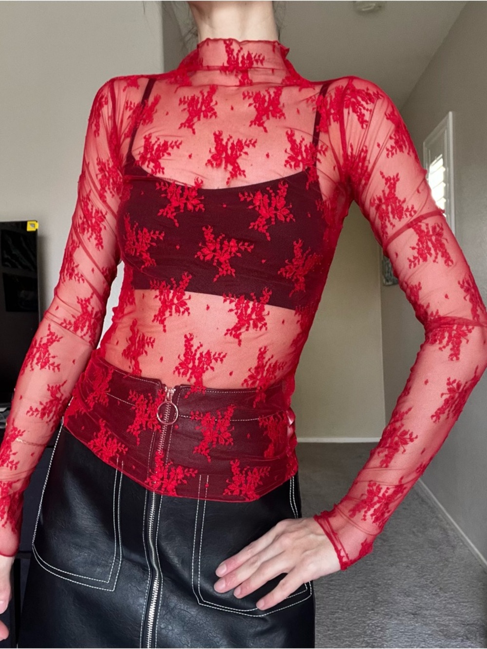 Free People Red Lace Long Sleeve Blouse